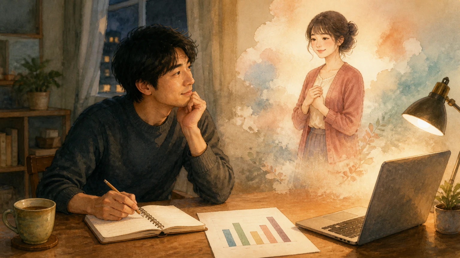 キャラクター設定カードと会話ウィンドウを描いた水彩風の画像