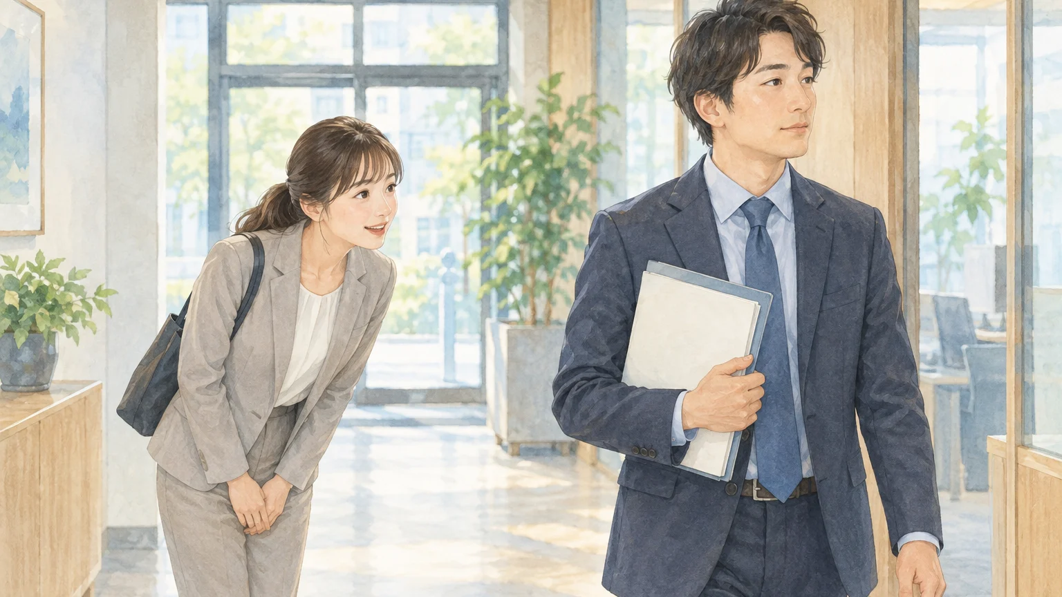 明るいオフィスの廊下で会釈する人と、書類を抱えて考え事をしながら歩き、まだ気づいていない人の透明水彩イラスト