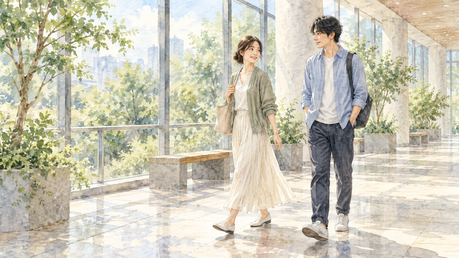 自然光が差し込む窓の大きな屋内通路で、互いの表情を見ながら並んで歩く二人の透明水彩イラスト