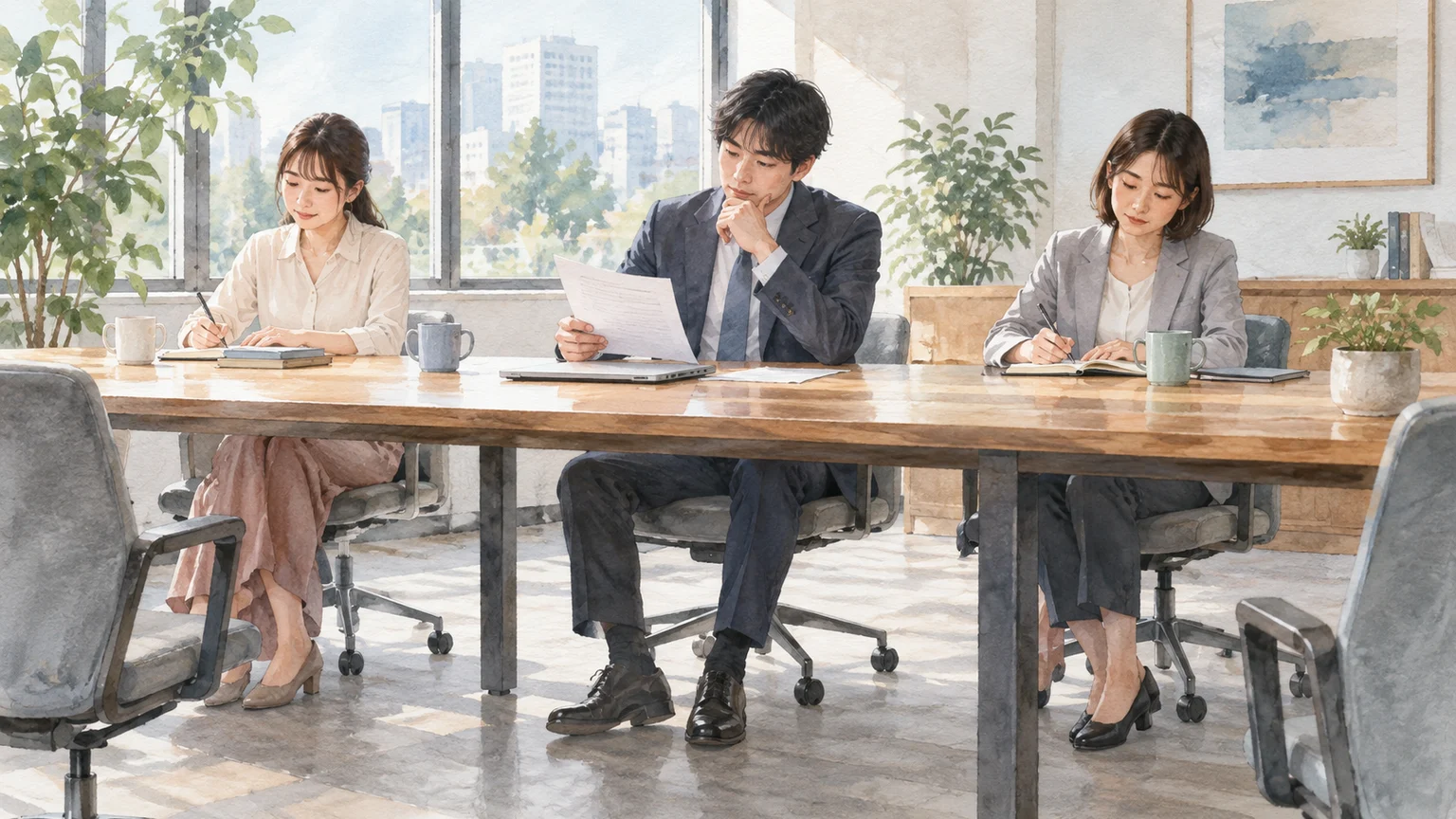 自然光の会議室で、資料を読みながら片足のかかとを上げている人と同僚二人を描いた透明水彩イラスト