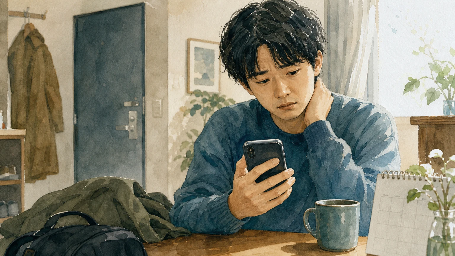 ドタキャンする人の心理を水彩風のリアルな絵で表した画像