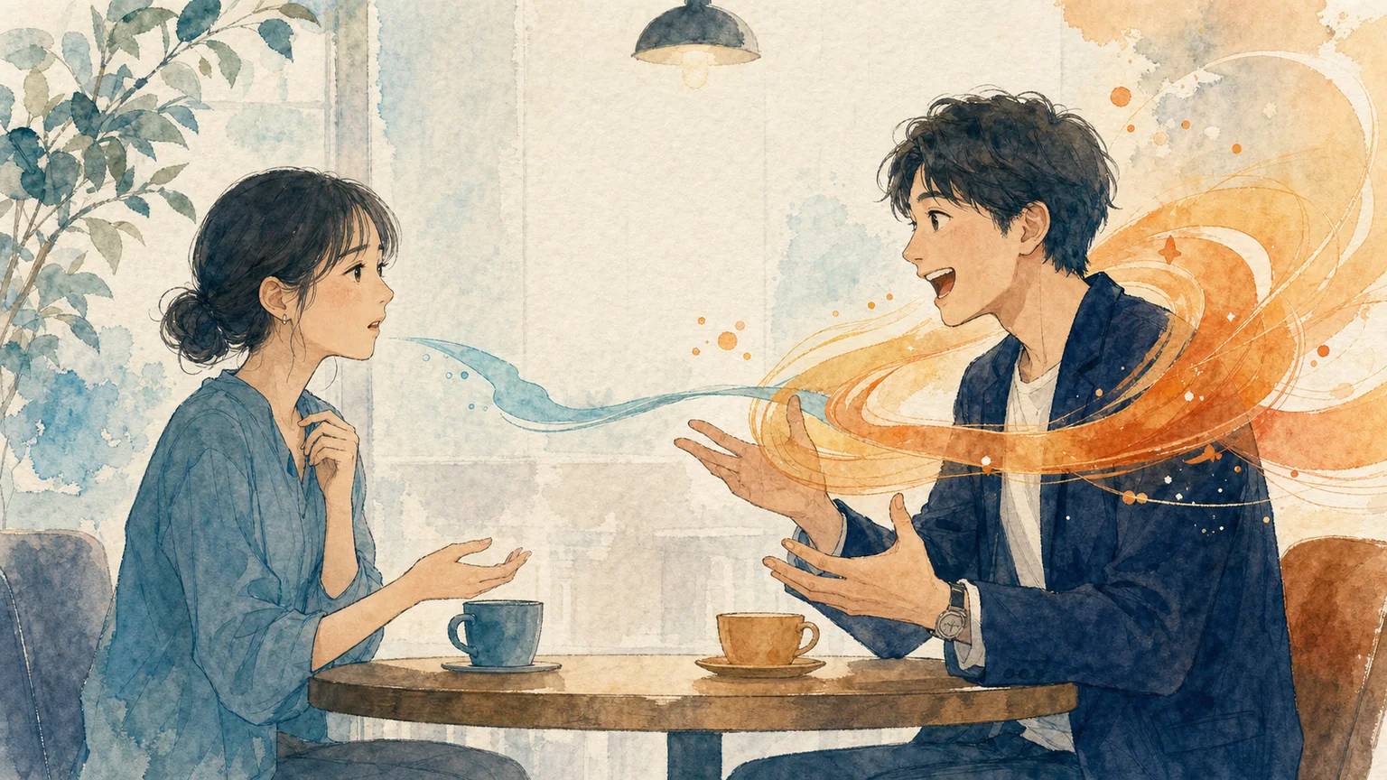 人の話を自分の話にする人の心理をビッグファイブで解説する水彩画