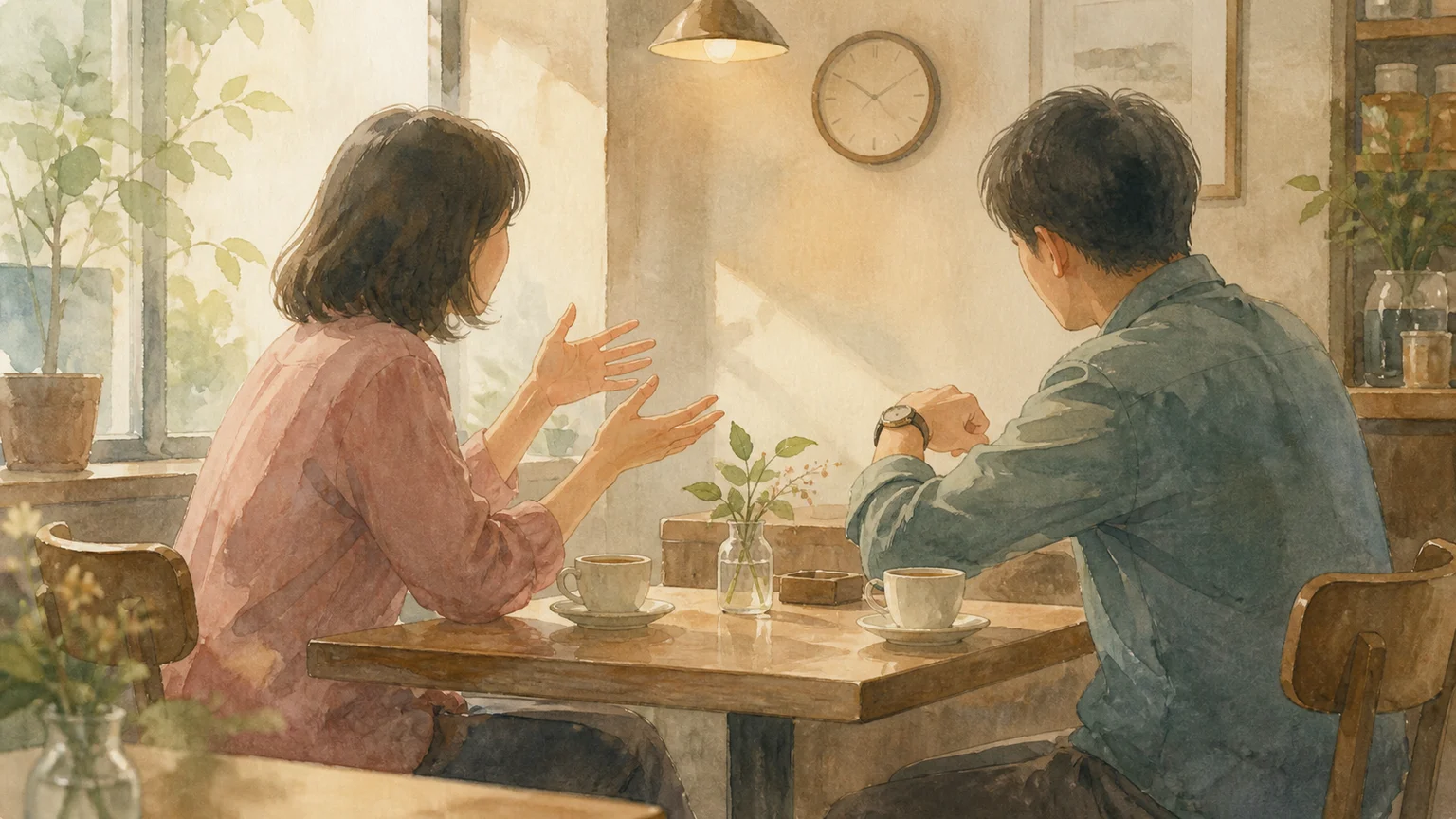 話が長い人の心理を水彩風の絵で表した画像