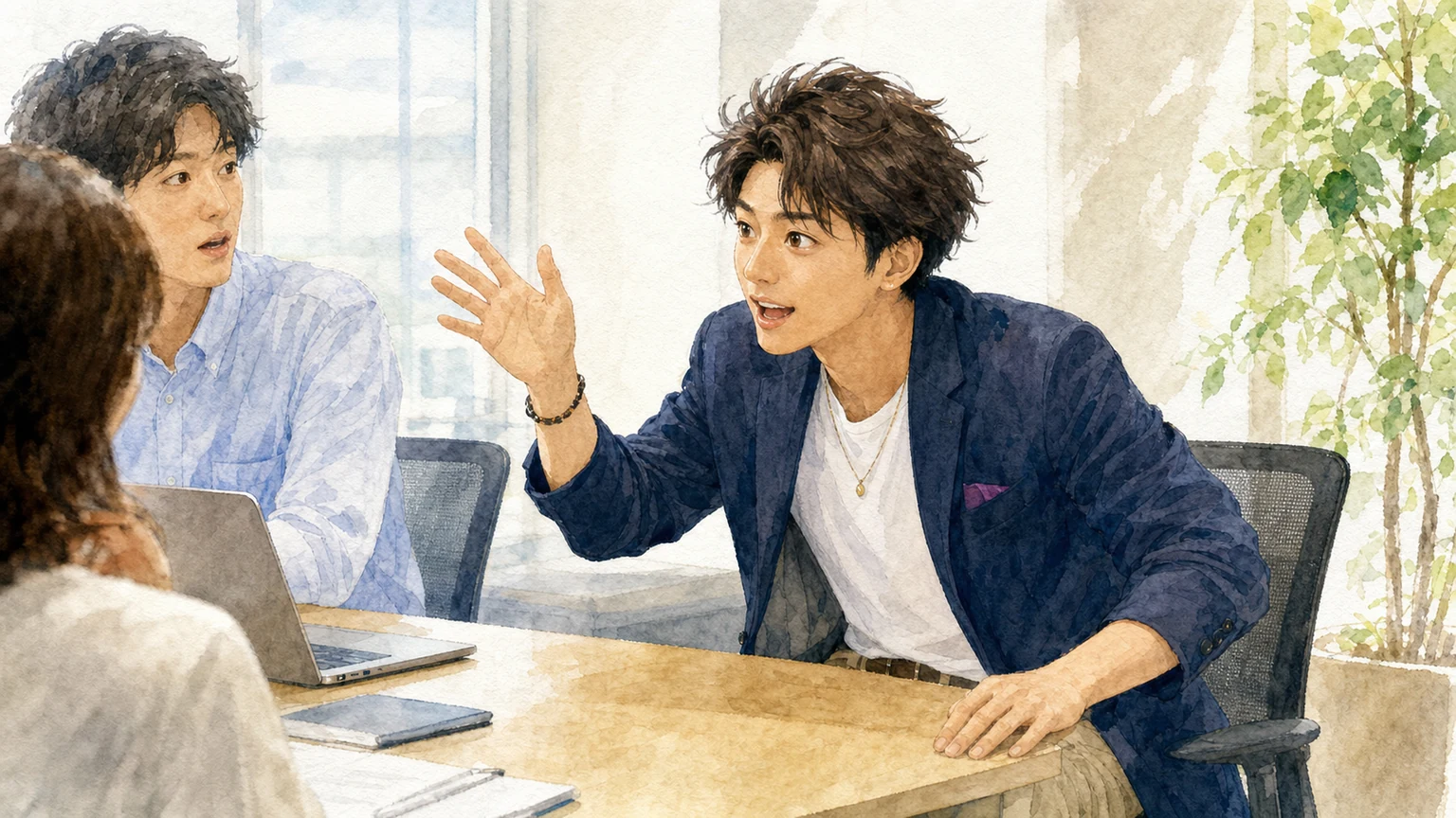 相手の話を最後まで聞かず先回りして口を挟む人の心理を解説する水彩画