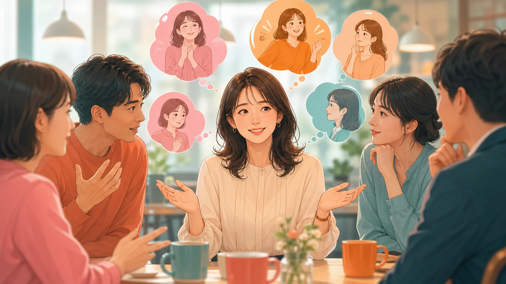 周囲に合わせて笑顔を作る八方美人な人の心理を表したイラスト