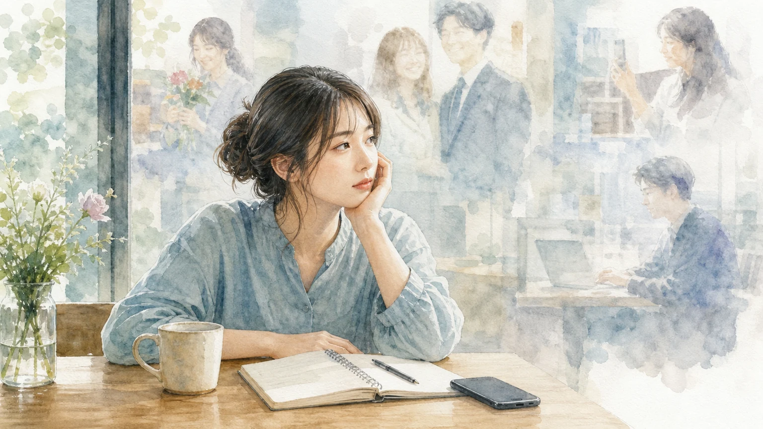人と比べてしまって疲れる心理をビッグファイブで解説する水彩風の画像