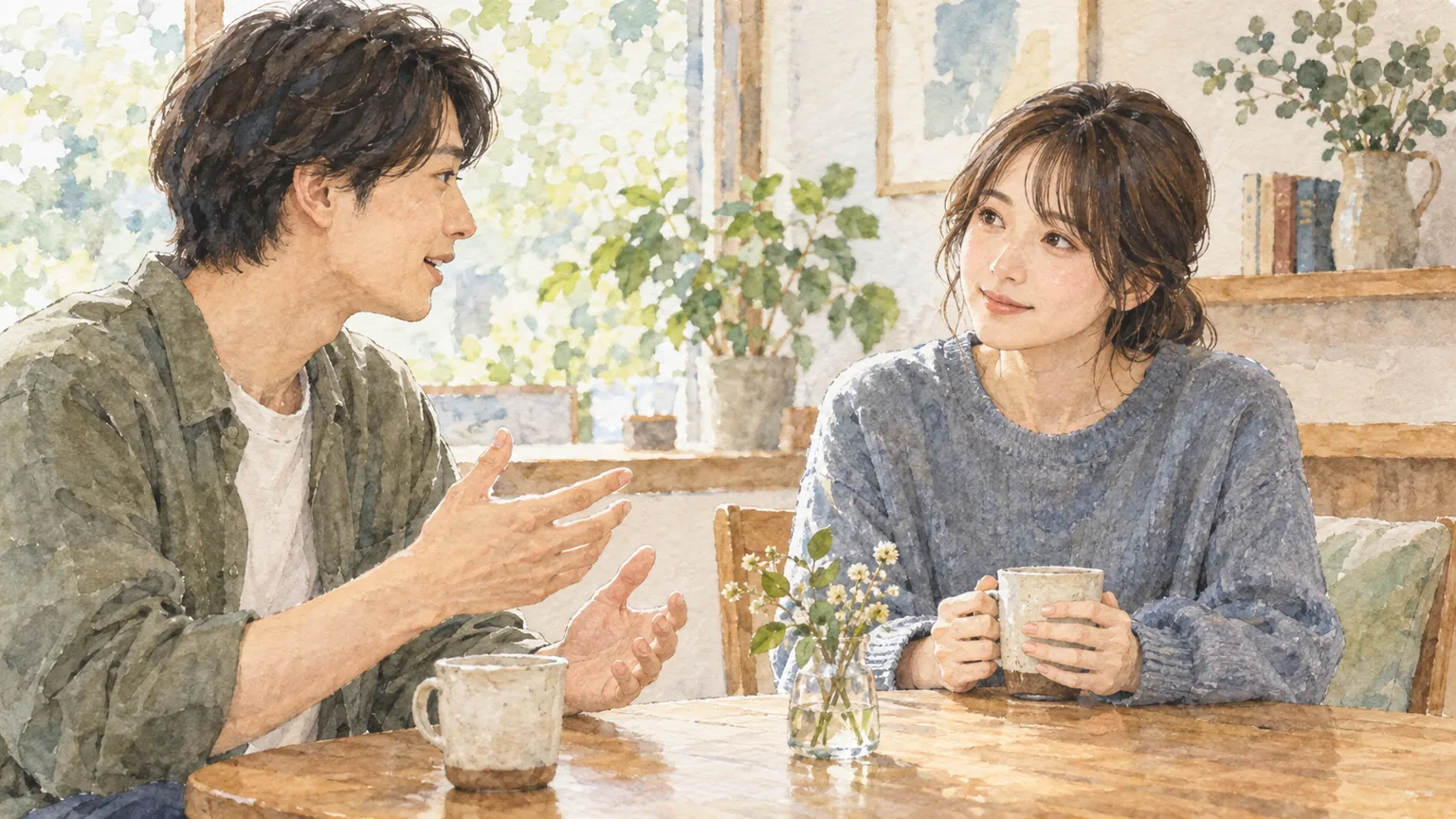 自然光が入る明るい部屋で、話す人の目を見ながら穏やかに耳を傾ける人の水彩イラスト