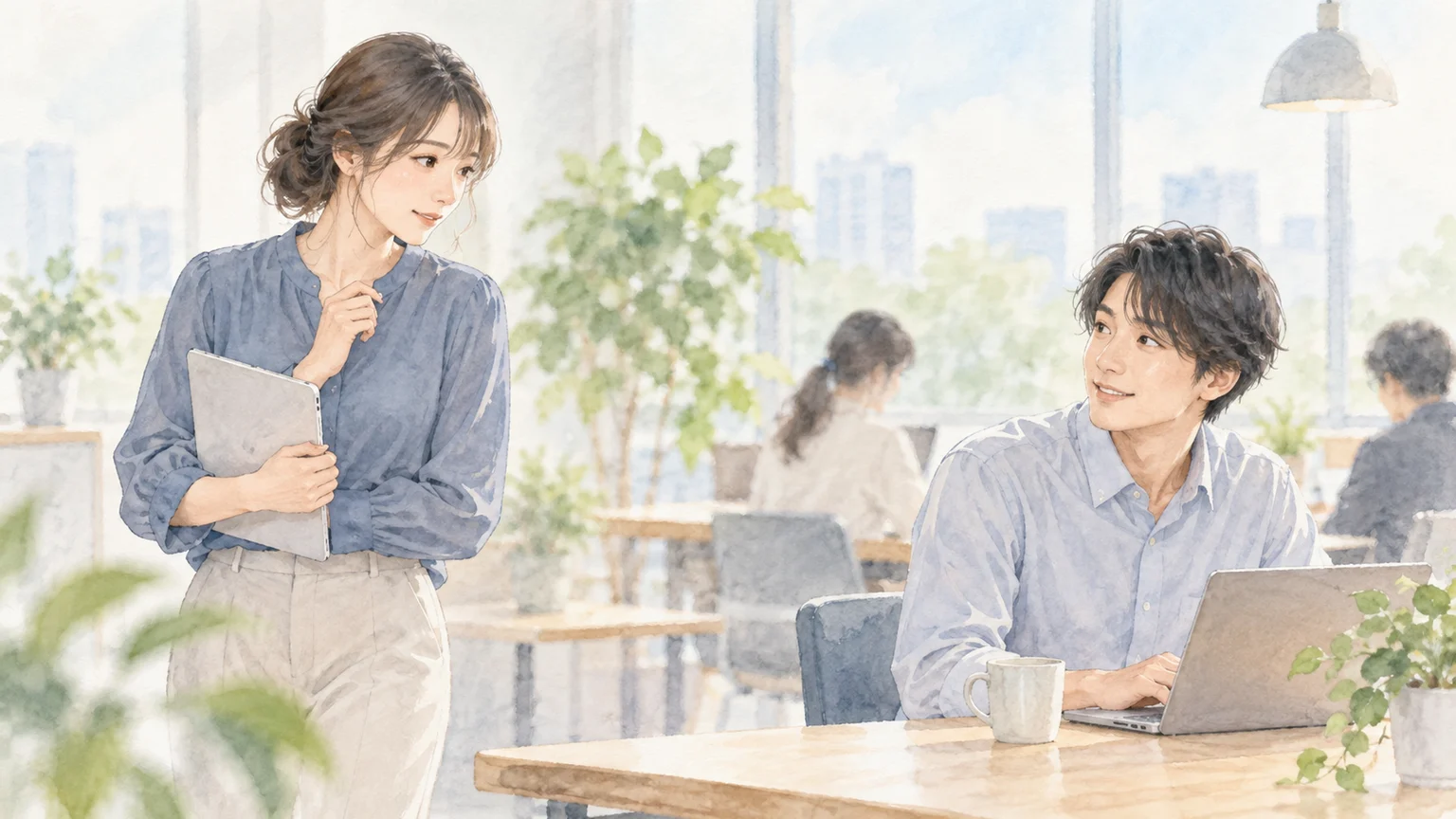 明るい職場で同僚に話しかける前に少し考える女性と、穏やかに顔を上げる男性の透明水彩イラスト