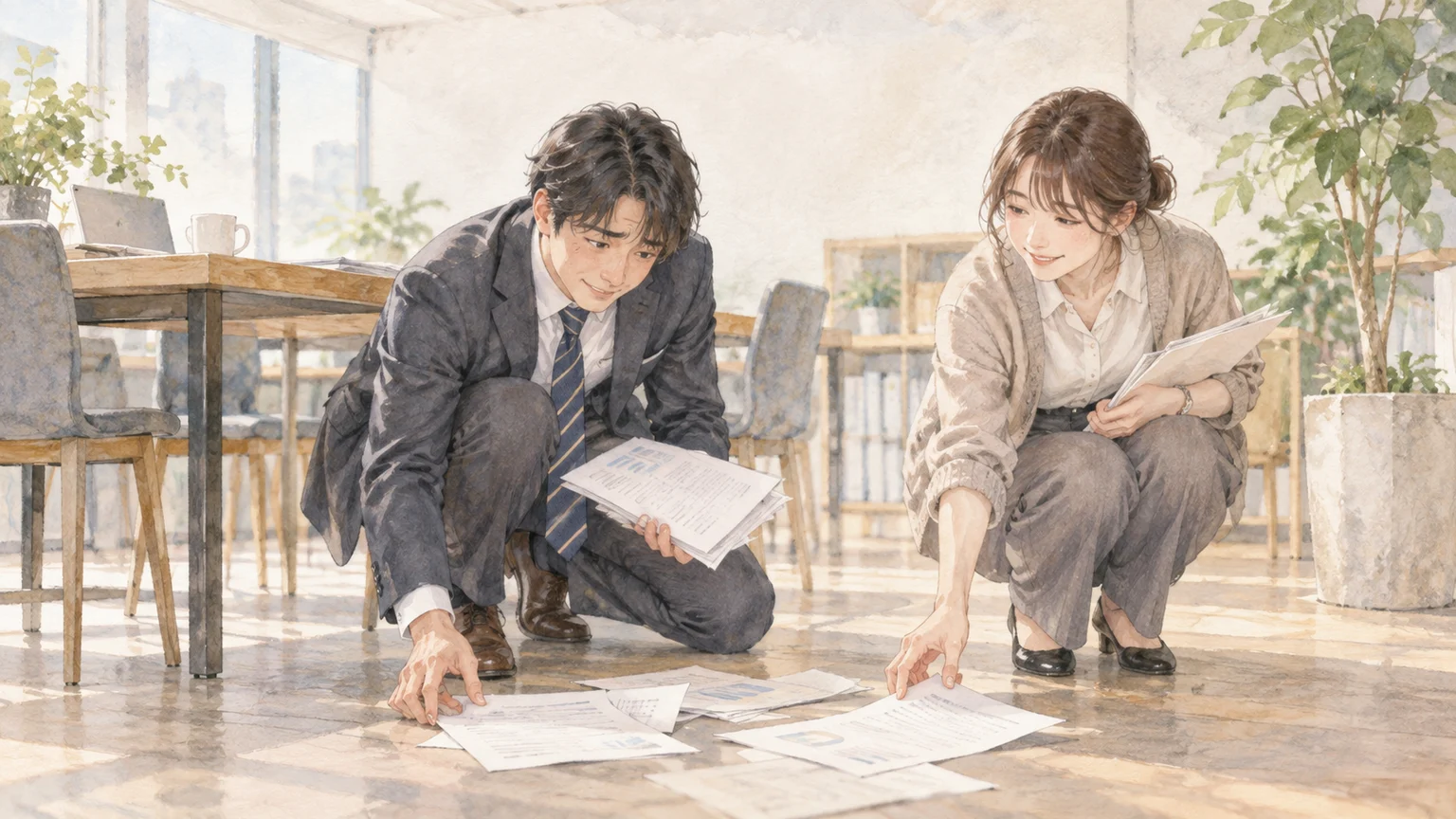 床に落ちた書類を、ほほえみながら一緒に拾う二人の透明水彩イラスト