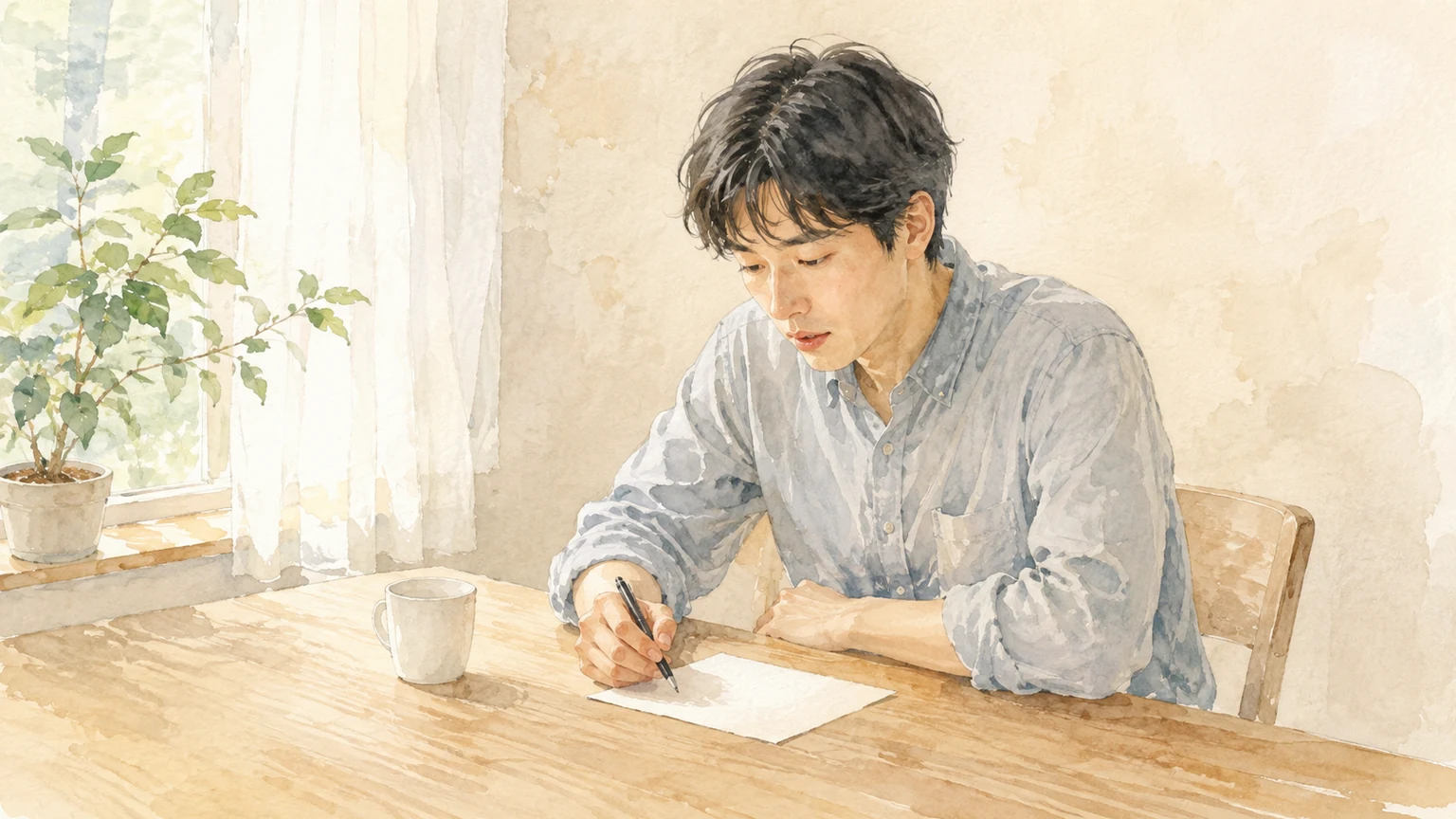 明るい部屋の木のテーブルで、紙にペンを走らせながら小さく口を動かしてつぶやいている人のイラスト
