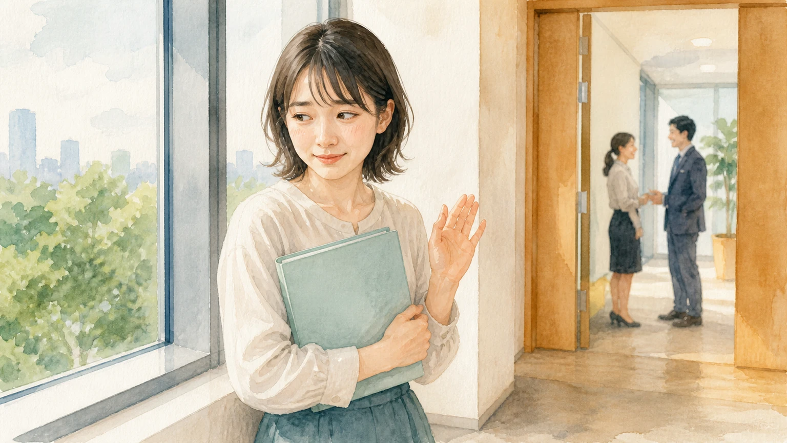 褒められると否定してしまう人の心理を水彩風の絵で表した画像