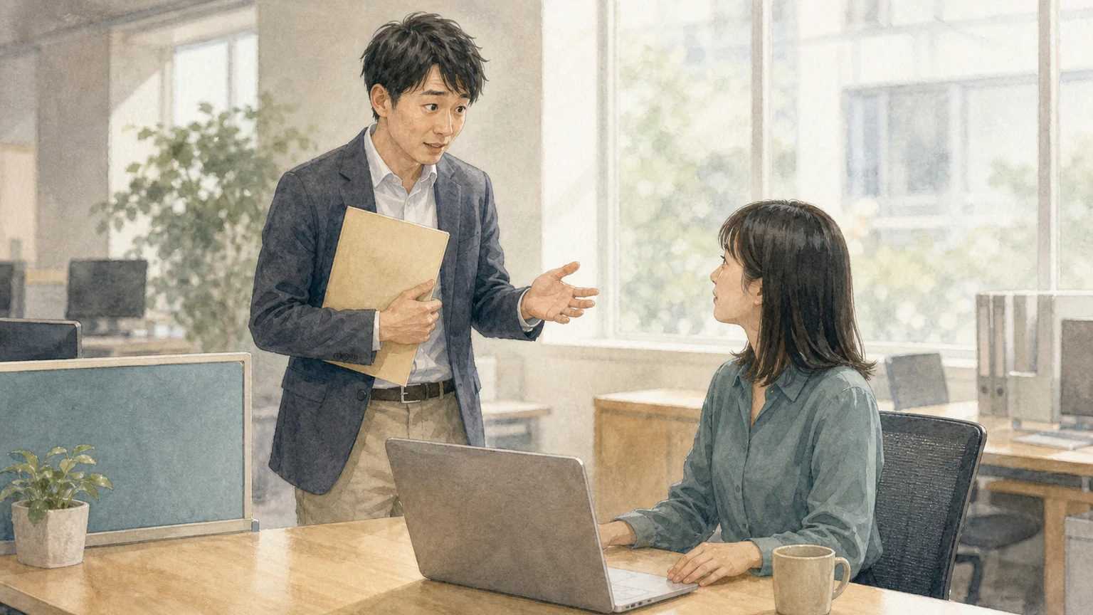 机の横に立って説明を続ける人と、答えを待っている同僚を描いた水彩風の画像