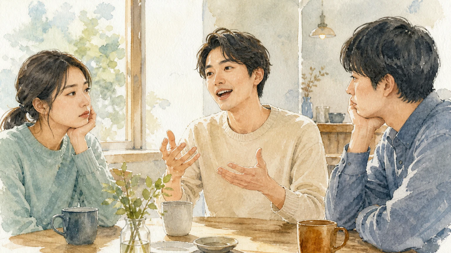 自分の話ばかりする人の心理を水彩風の絵で表した画像