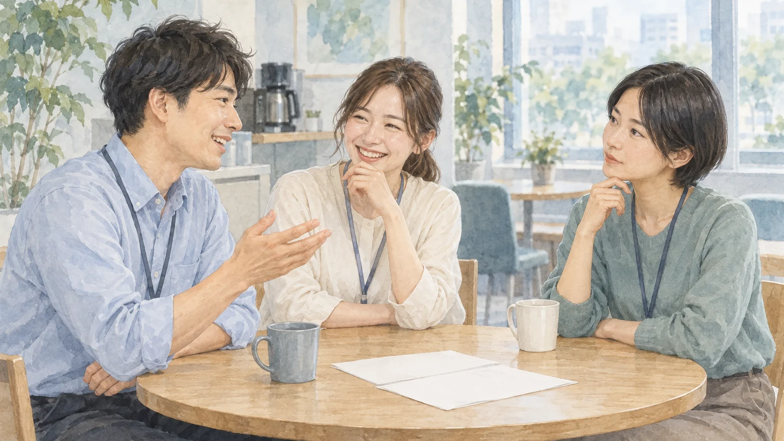 職場の休憩スペースで、笑う二人の向かいで首をかしげて聞き返す人の透明水彩イラスト