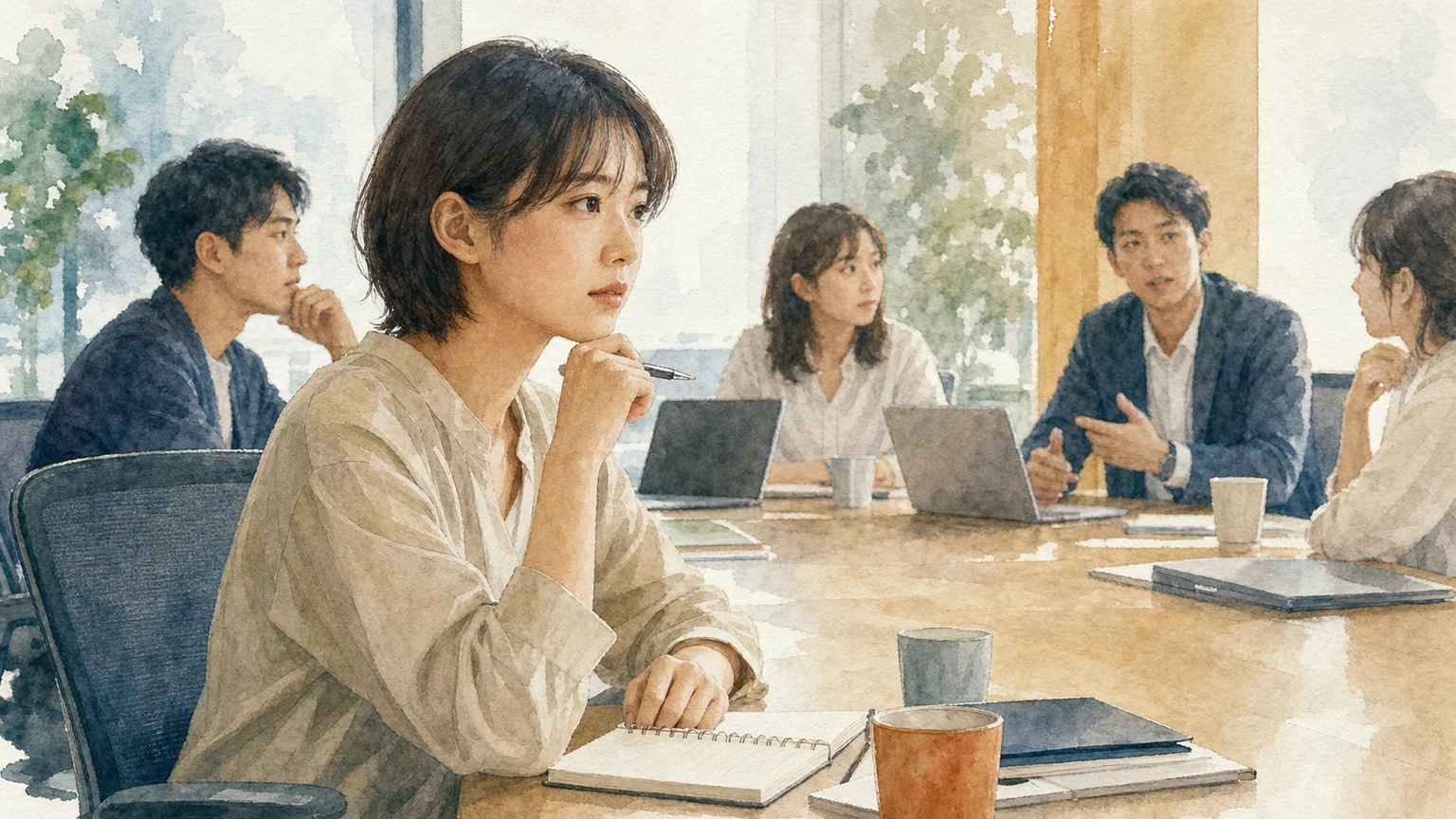 会議で発言できない人の心理をビッグファイブで解説する水彩風の画像