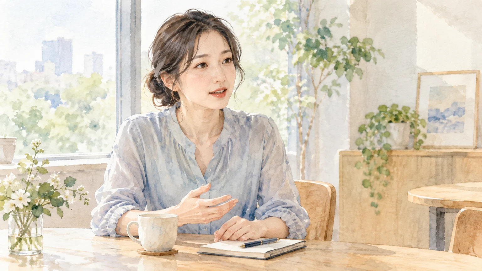 明るい窓辺の室内で、テーブル越しの相手へ穏やかに話している人の透明水彩イラスト
