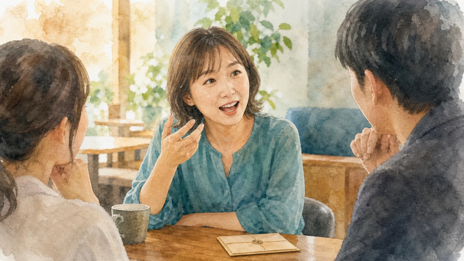 口が軽い人の心理を水彩風のリアルな絵で表した画像