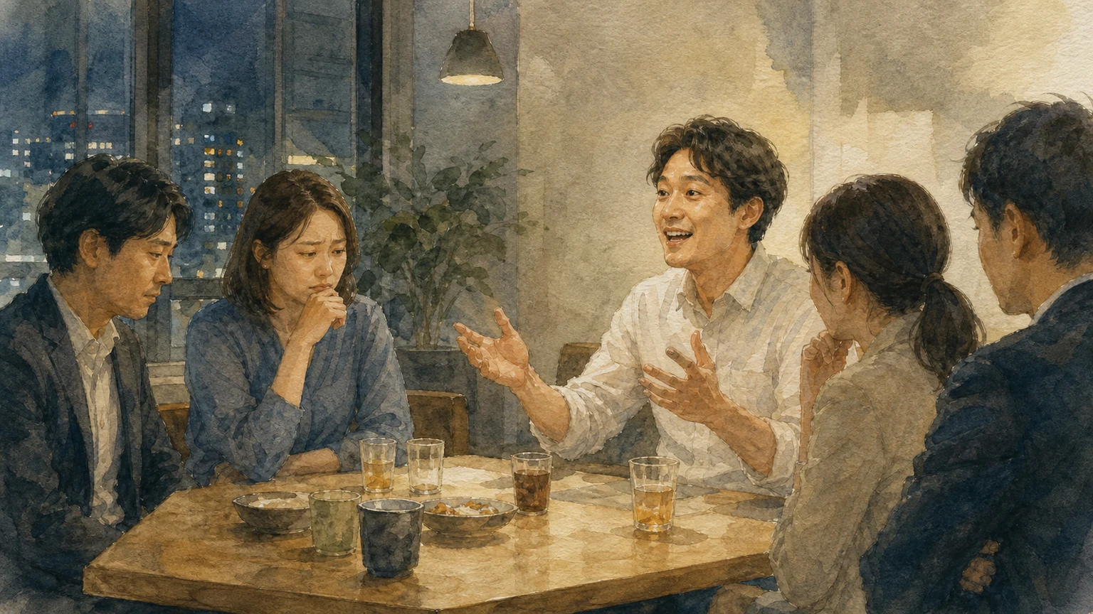 場の空気を読めず話し続ける人と、周りの固まった表情のズレをビッグファイブの協調性と外向性で解説する水彩画
