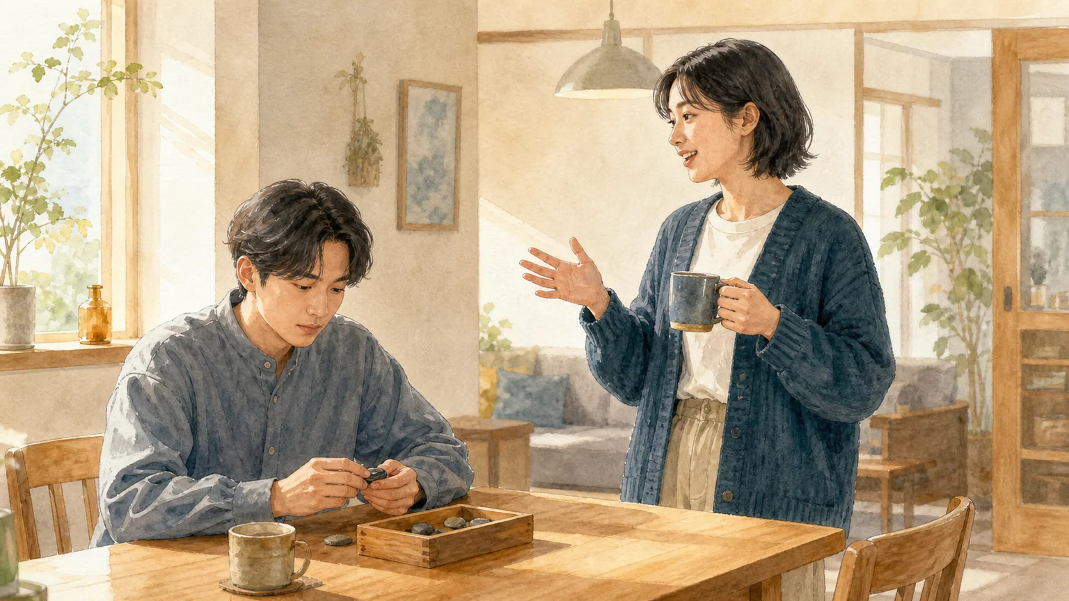 同じ家で違う過ごし方をする兄弟を水彩風に描いた画像