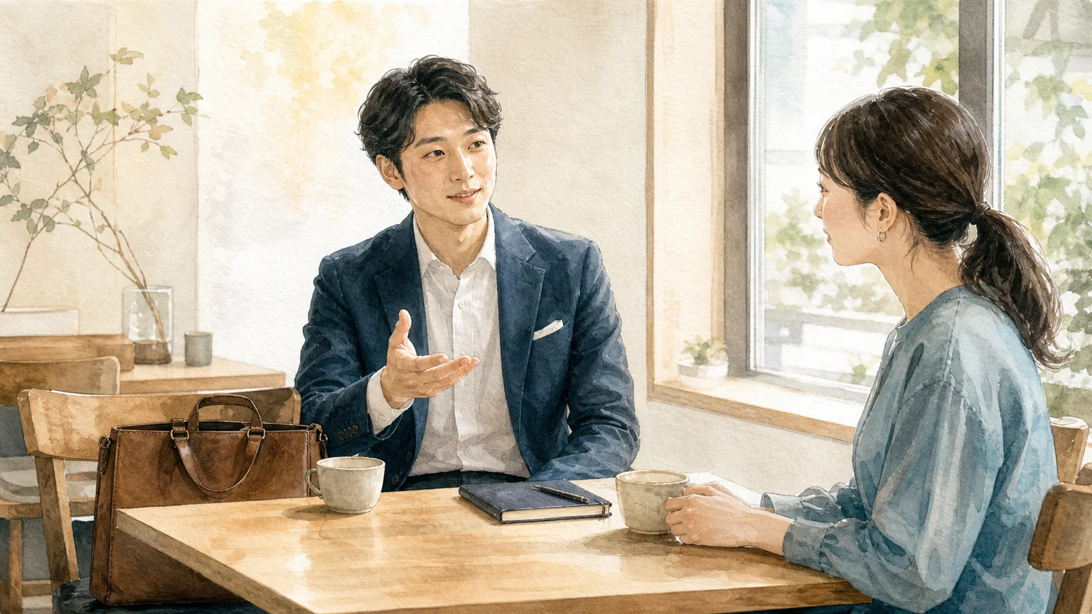 カフェで自分を少し大きく見せるように話す人と、静かに聞く人を描いた水彩風の画像