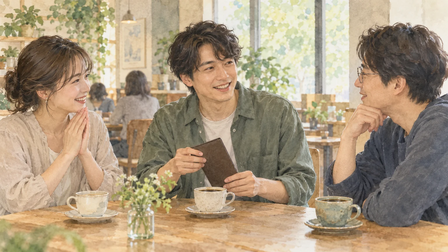 自然光のカフェで、友人二人にコーヒーをごちそうしようとする人を描いた透明水彩イラスト