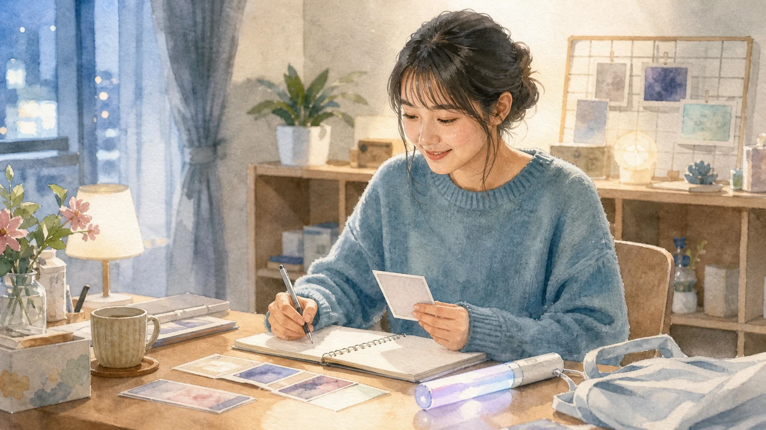 推し活を心の支えとして楽しむ人を描いた水彩風の画像