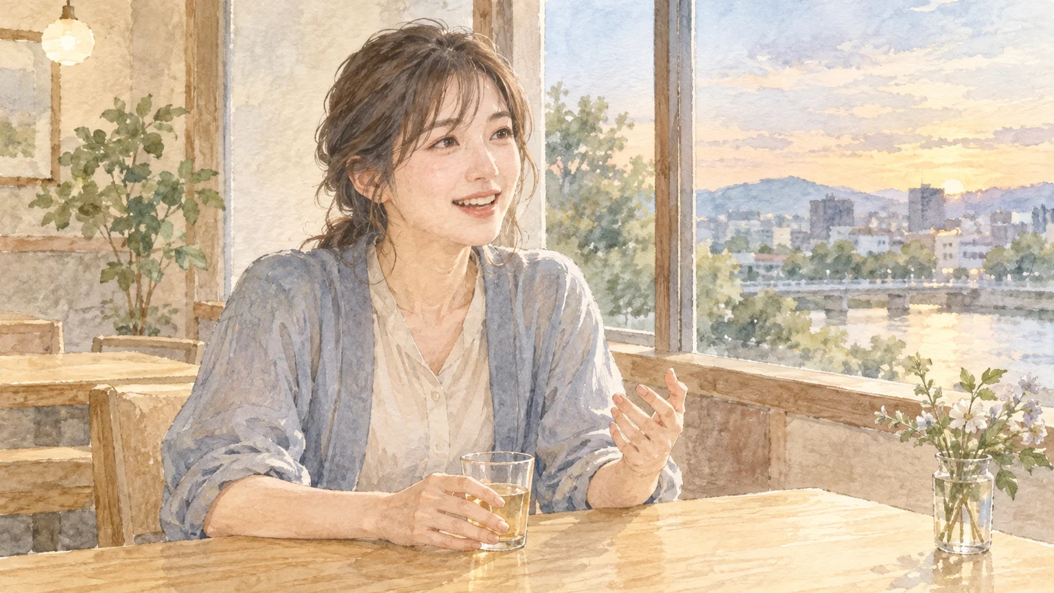 夕方の光が差し込む明るい室内の窓ぎわで、小さなグラスを前に、画面の外にいる相手へくつろいだ様子で話している人の水彩イラスト