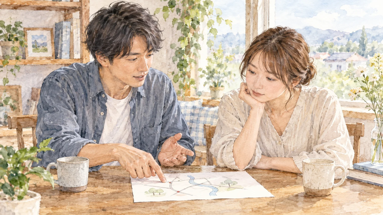 自然光の室内で紙の経路図を示す人と、説明を聞く人の水彩イラスト