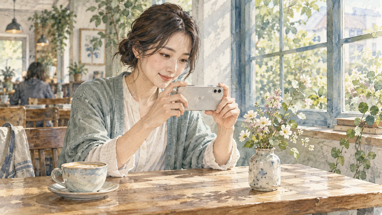 窓辺のカフェで花をスマートフォンで撮影する人の透明水彩イラスト