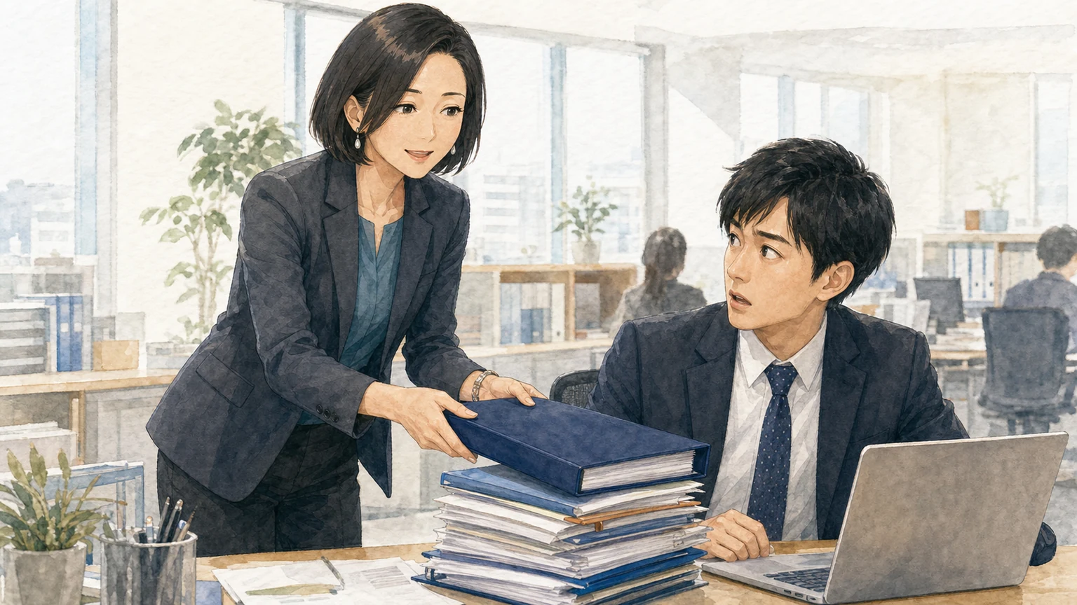 自分の仕事を若手社員へ押し付ける先輩社員の心理を解説する水彩画