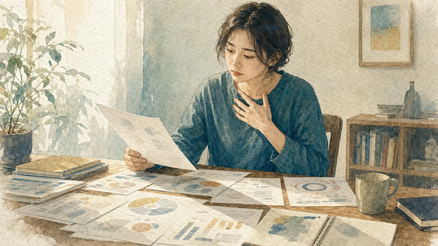 診断結果や数値に振り回されて自分を決めつけてしまう人の心理をビッグファイブで解説する水彩画