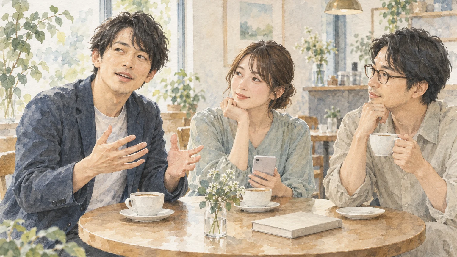 明るいカフェのテーブルで、身を乗り出して自信ありげに話す人と、穏やかに耳を傾ける二人の透明水彩イラスト