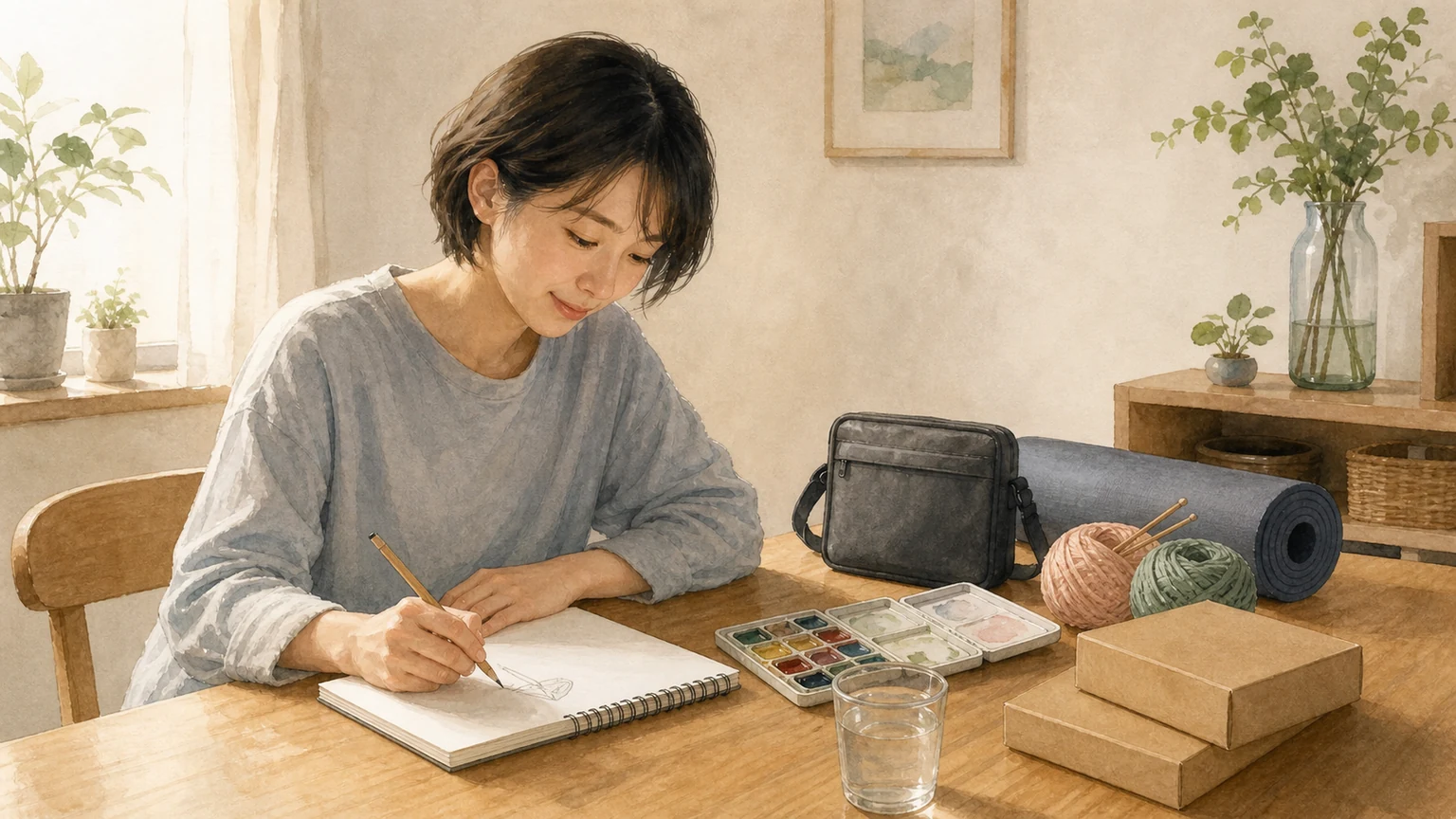 趣味の道具を前に、買うことと実際に始めることの違いを考える人を描いた画像