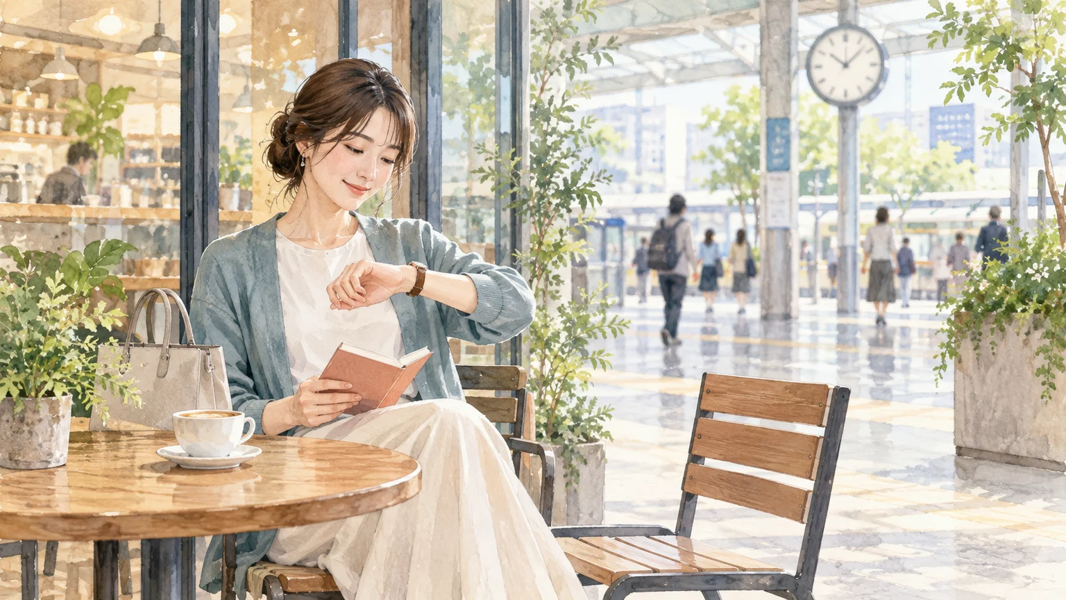 明るい駅のカフェ前で、集合時間より少し早く着き、腕時計を見ながら本を開く女性の透明水彩イラスト
