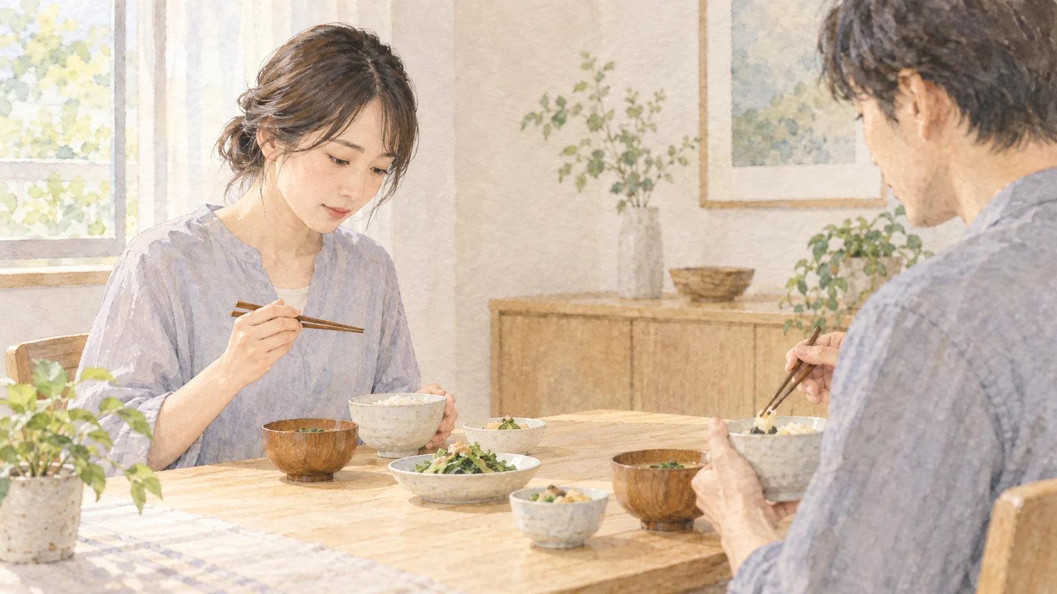 自然光の差し込む食卓で、向かいの人の食事の音に手を止めている人の透明水彩イラスト