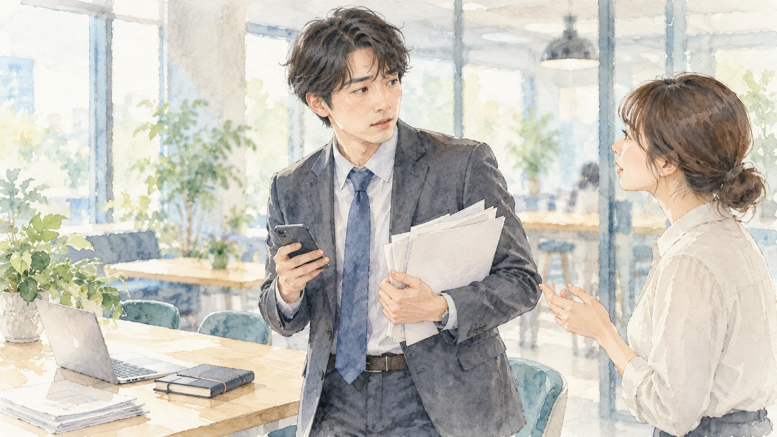 明るいオフィスで、書類とスマートフォンを持つ会社員が同僚に声をかけられた場面の透明水彩イラスト