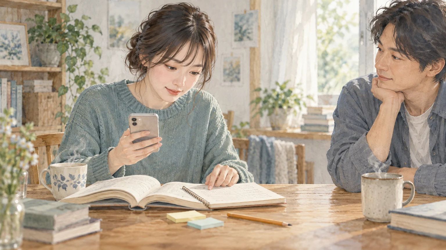 スマートフォンと本とノートを見比べながら調べる人と、穏やかに見守る人の透明水彩イラスト