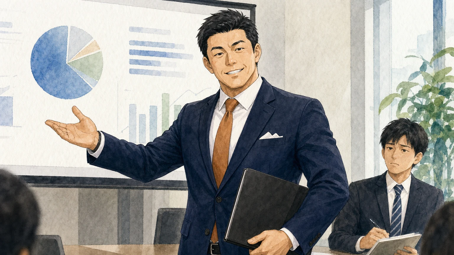 部下の成果を自分の手柄として発表する人の心理を解説する水彩画