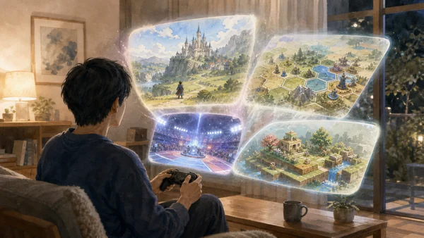 コントローラーを手にしたプレイヤーの前に異なるジャンルのゲームの世界が広がる様子を描いた水彩風の画像