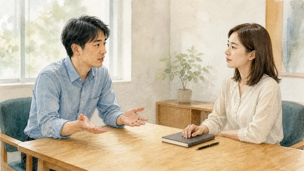 向かい合って話しているのに、話が同じところへ戻ってしまう二人を描いた水彩風の画像