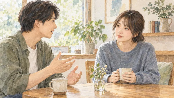 自然光が入る明るい部屋で、話す人の目を見ながら穏やかに耳を傾ける人の水彩イラスト