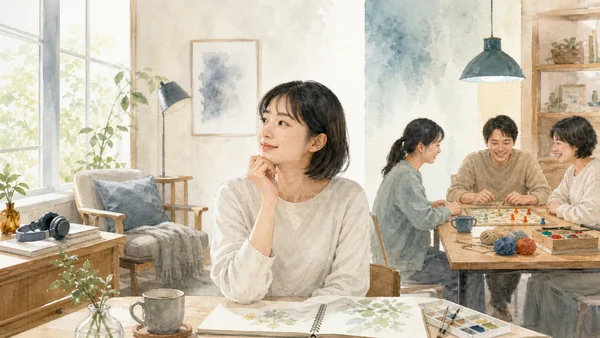 一人で楽しむ趣味と人と楽しむ趣味の選び方を描いた水彩風の画像