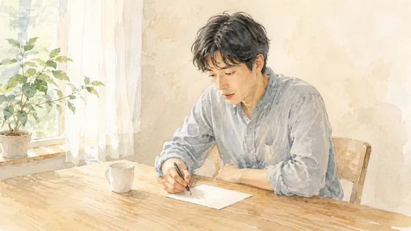 明るい部屋の木のテーブルで、紙にペンを走らせながら小さく口を動かしてつぶやいている人のイラスト