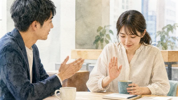 褒められると否定してしまう人の心理を水彩風の絵で表した画像
