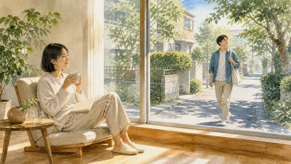 インドア派とアウトドア派の休日を窓ごしに並べて描いた水彩風の画像