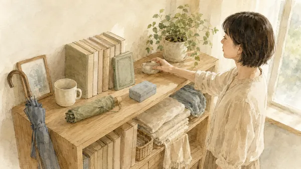 日中の自然光が入る部屋で、自分の私物にまぎれた借り物が並ぶ棚の前に立ち、別のものを探している人の水彩イラスト