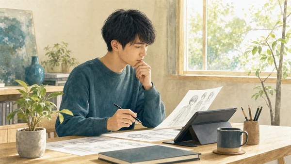 漫画のキャラクター設定をビッグファイブで作る方法を解説する水彩風の画像