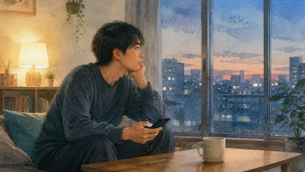 夕暮れの部屋でスマホを手にしたまま思い出にとらわれる様子を描いた水彩風の画像