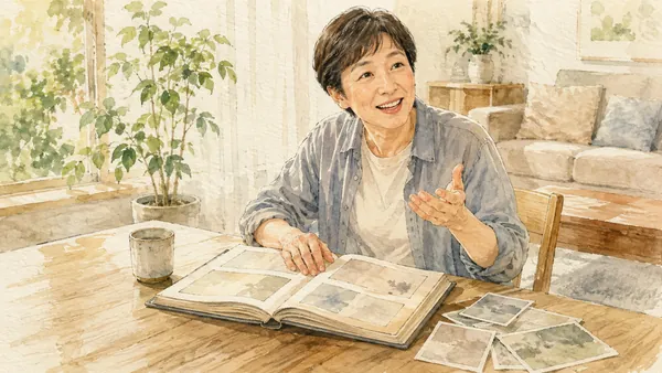 日中の自然光が入る居間で、開いたアルバムと古い写真を前に、顔を上げて楽しそうに話している人の水彩イラスト