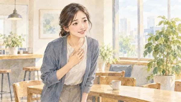 明るい室内で、画面の外にいる相手へ胸に手を添えて会釈しながら、感じよく微笑んでいる人の水彩イラスト